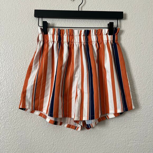 SHEIN mixed vertical stripe paper bag shorts orange navy blue white - Picture 1 of 5